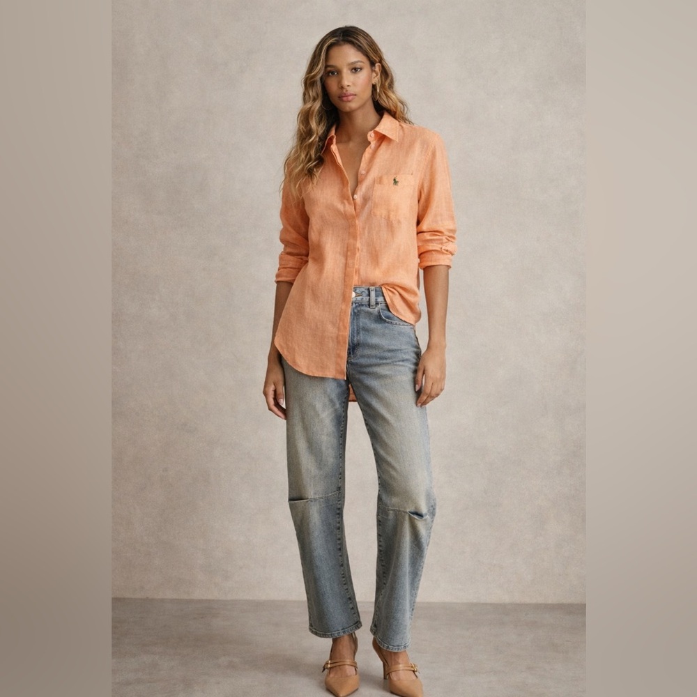 Polo Ralph Lauren unisex Large Peach Linen Button Down Long Sleeve Shirt - Picture 3 of 7